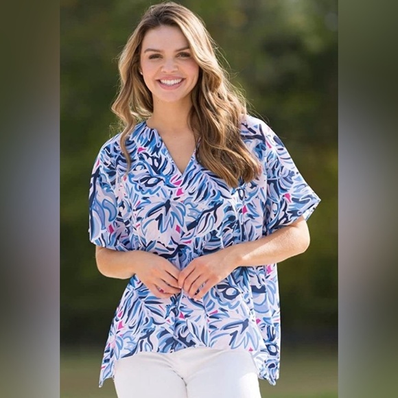 Simply Southern Palm Leaves Print Drape Blouse Blue - Picture 2 of 9